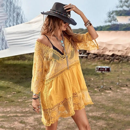 Abito Estivo da Spiaggia con Scollo a V, Protezione Solare, Casual, Copricostume in Pizzo per Donna platinumshop
