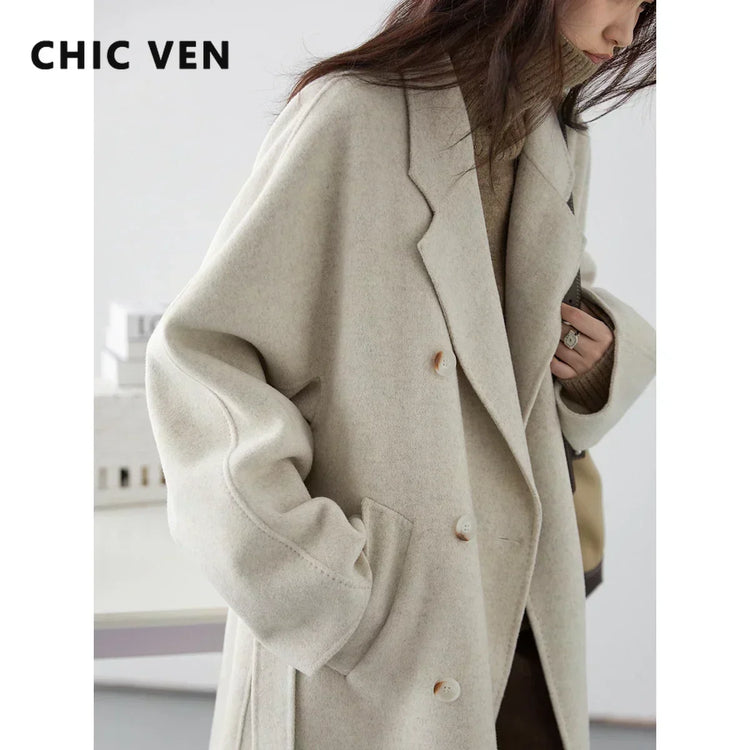 CHIC VEN Women Long Double-sided Woolen Coats Retro Loose Female Overcoat Double Breasted Ladies Windbreak Autumn Winter 2026