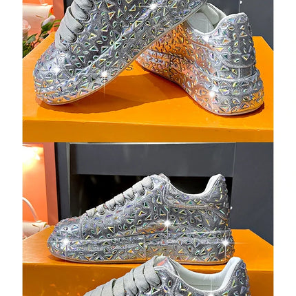 2025 Autumn Leather Women Shoes New Style Fashion Platform Shoes Ins Platforms Sneakers Tide Shine Bling Rhinestone Shoes
