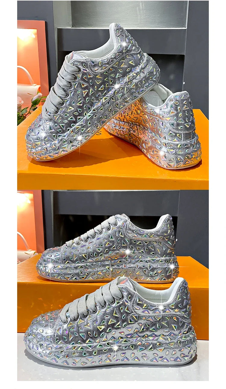 2025 Autumn Leather Women Shoes New Style Fashion Platform Shoes Ins Platforms Sneakers Tide Shine Bling Rhinestone Shoes