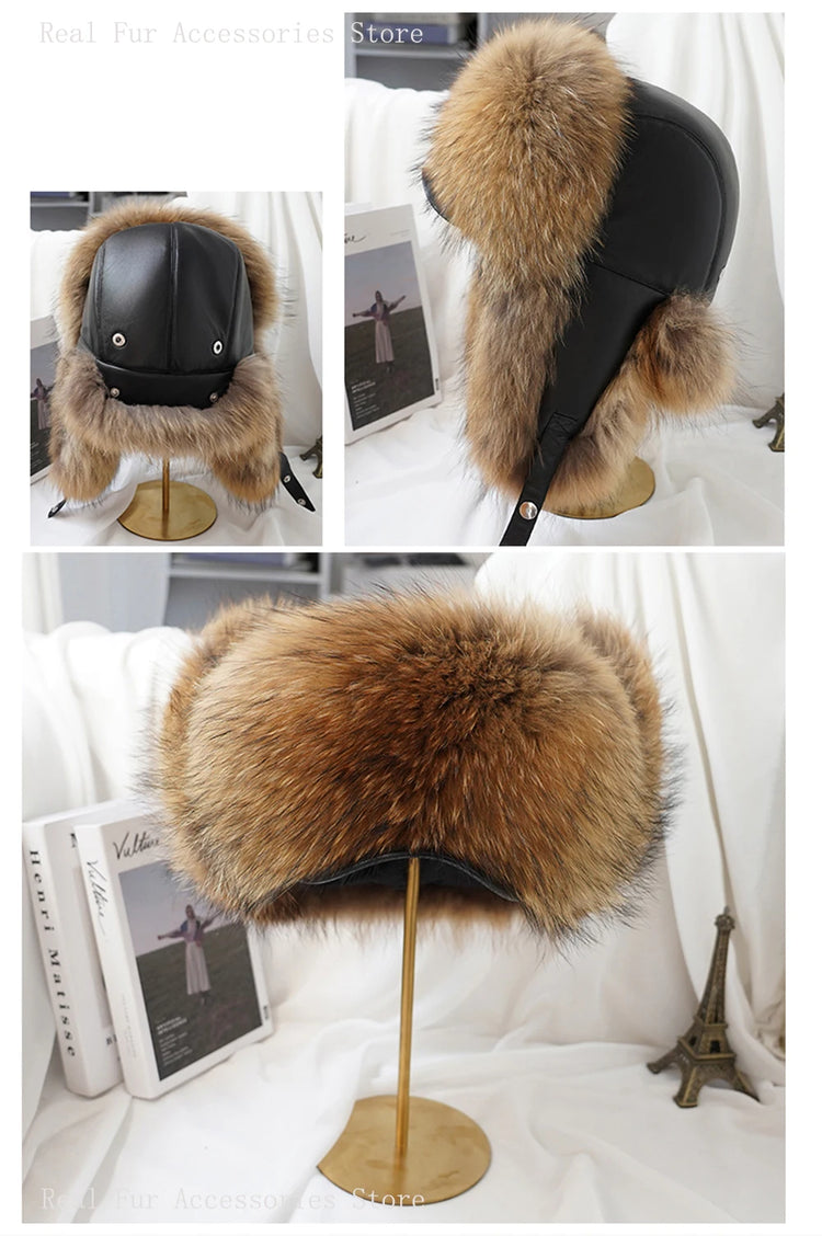 New Winter Men's 100% Real Silver Fox Fur Bomber Hat Raccoon Fur Ushanka Cap Trapper Russian Man Ski Hats Caps Real Leather