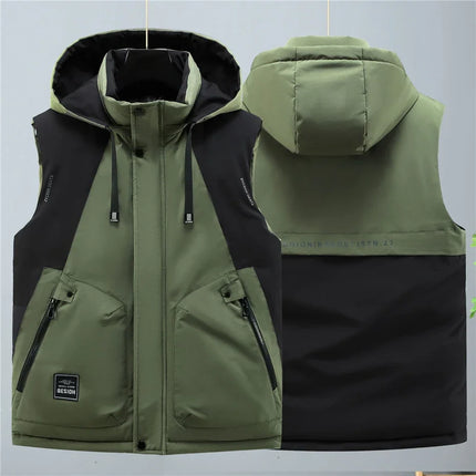Autumn Winter Thick Vest Men Plus Size 8XL Cargo Vests Patchwork Sleeveless Jacket Fashion Casual Hooded Vest Male