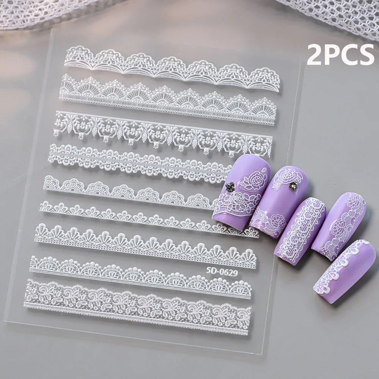 2pcs Y2K White Lace 5D Nail Art Stickers White Embossed Flowers Petals Elegant French Decals Wedding Nails Manicure Decorations