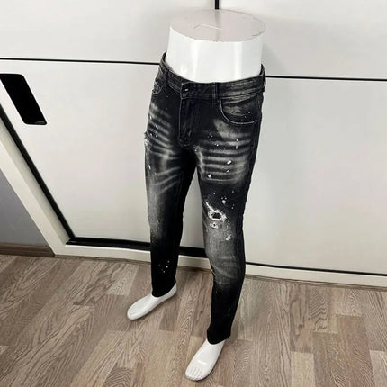 Street Designer Fashion Men Jeans High Quality Retro Black Gray Stretch Slim Fit Ripped Jeans Men Brand Vintage Y2K Denim Pants PlatiNum
