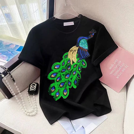 T-shirt da donna a maniche corte girocollo casual con stampa cartoon, oversize, stile Y2K, patchwork, con strass, moda estiva