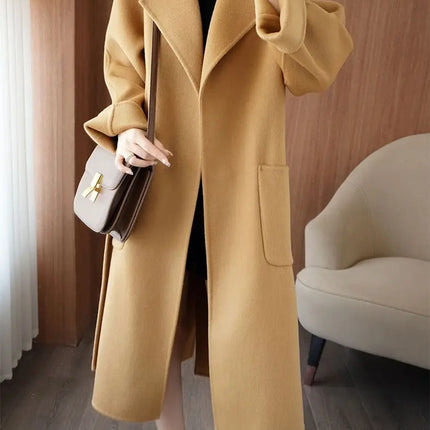 100% Wool Coat Women's Wear 2026 Autumn/Winter Fashion Temperament Double sided Cashmere Coats with Belt Elegant Long Overcoat