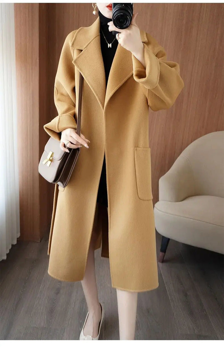 100% Wool Coat Women's Wear 2026 Autumn/Winter Fashion Temperament Double sided Cashmere Coats with Belt Elegant Long Overcoat