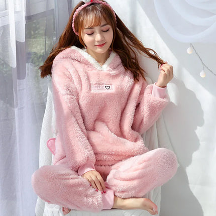 2024 New Plush Pajamas Set for Women Thick Hooded Women 2 Piece Clothes Set Cute Rabbit Women Pyjamas Coral Fleece Warm Homewear
