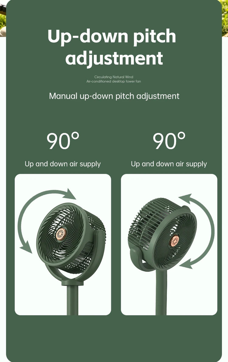 Ventilatore a circolazione d'aria, ventilatore da esterno, ventilatore da campeggio, ventilatore ricaricabile da pavimento, ventilatore da tavolo con altezza regolabile, regolazione a 5 velocità