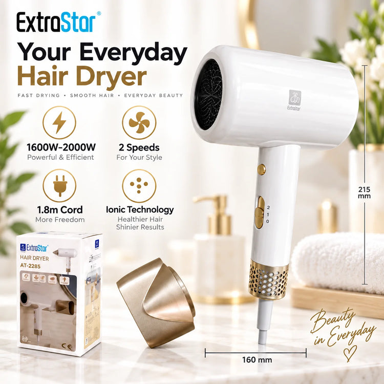 ExtraStar AT-2285 Ionic Hair Dryer 1600W-2000W 220-240V 2 Speed Hair Blower with Concentrator Nozzle 1.8m Cord