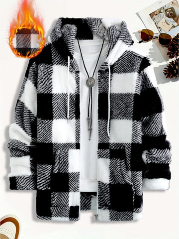 Men's Autumn and Winter Double-Sided Plush Black and White Plaid Hooded Jacket, Drawstring Adjustable Hood, Full Zipper Loose Top, Windproof Retro Plush Jacket for Young and Middle-Aged People for Daily Travel