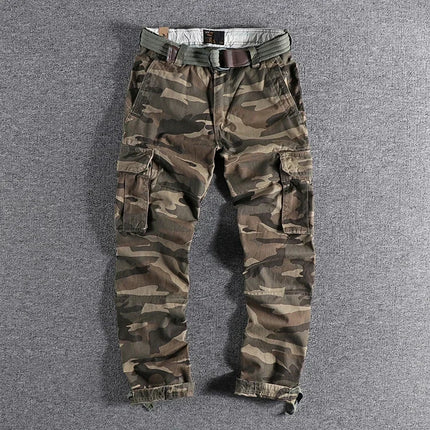 Heavyweight Camouflage Pants Men Clothing Multi-pockets Solid Color Patchworked Outdoor Trousers Retro Cargo Casual Wear Jogger