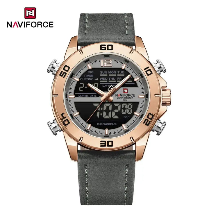 NAVIFORCE Orologio alla moda da uomo con cinturino in vera pelle Movimento al quarzo resistente all'acqua 30M Display luminoso con giorno e data F platinumshop