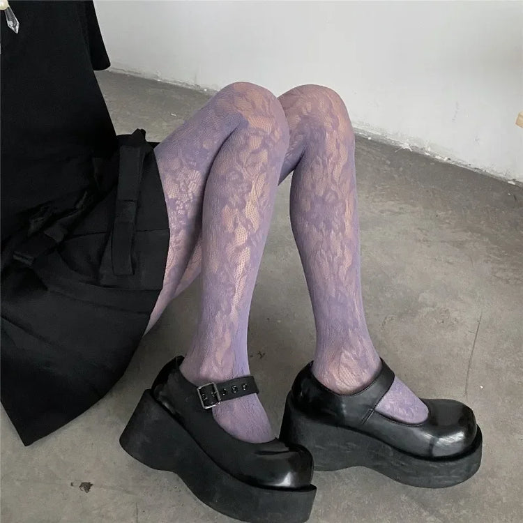 Calze di seta scavate a rete con ricamo floreale sexy da donna Collant a rete per pesci JK Collant Harajuku hipster colorato per ragazze fresche