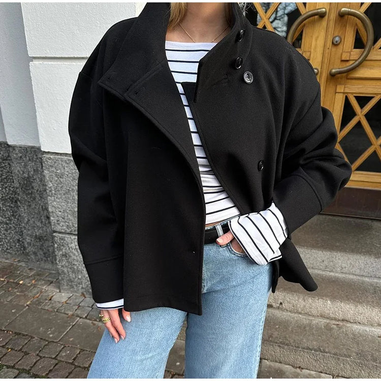 Elegant Women's Belt Short Woolen Coats Loose Stand Collar Single-breasted Long Sleeve Jacket 2026 Autumn Lady Commute Outwear
