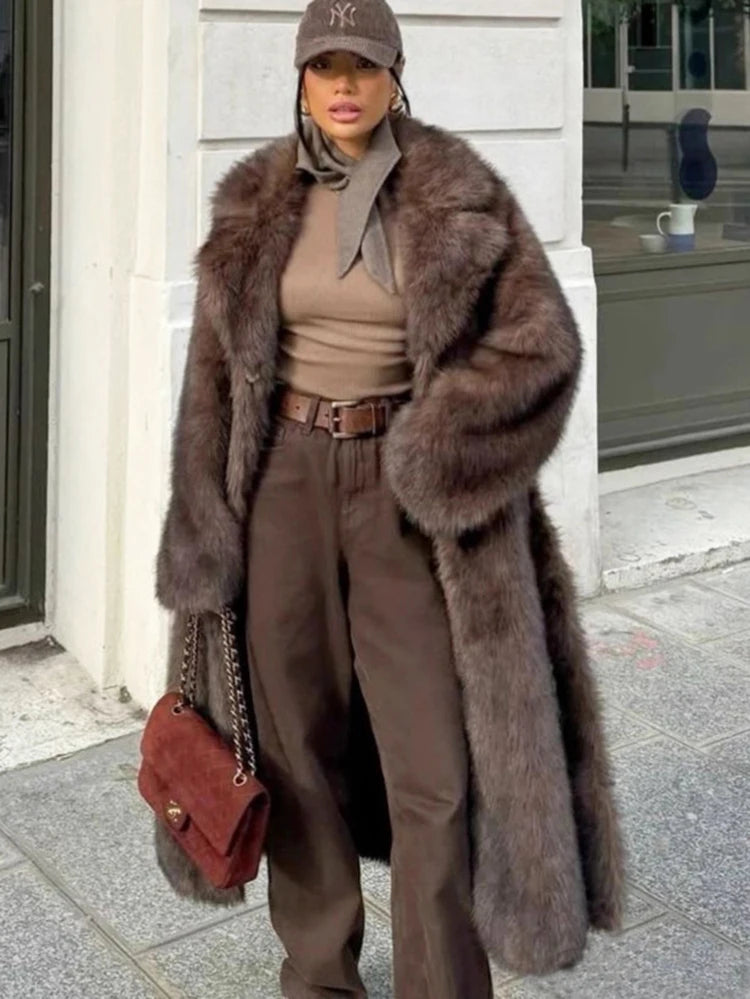 ZADORIN 120cm Super Long Luxury Winter Brown Faux Fur Coat Woman Elegant Belted Lapel Thick Fluffy Fur Jacket High Quality Coats