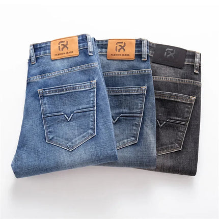 Autumn Men's Business Straight Fit Jeans Vintage Blue Smoke Gray Stretch Trousers Soft Comfortable Fabric Denim Pants Male PlatiNum