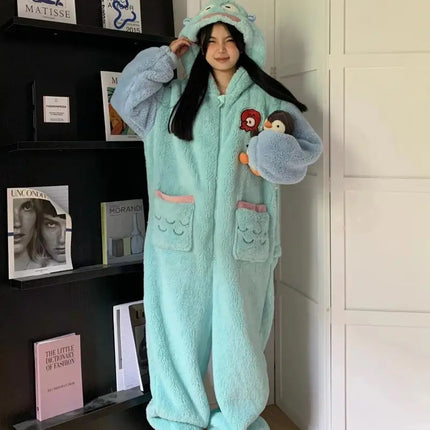 Girls Cartoon Bunny Kigurumi Onesie Pajamas Winter Thick Plush Fleece Hooded Jumpsuit Sleepwear Cute Bow Homewear Loungewear