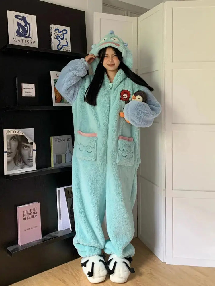 Girls Cartoon Bunny Kigurumi Onesie Pajamas Winter Thick Plush Fleece Hooded Jumpsuit Sleepwear Cute Bow Homewear Loungewear