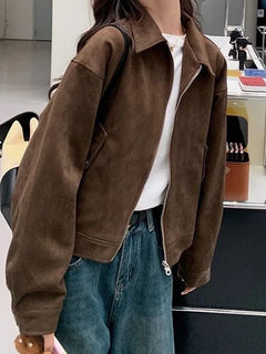 Retro Style Women's Short Suede Jacket Coffee Color Korean Style Autumn Coat Zipper Pocket Polyester Fiber Windproof