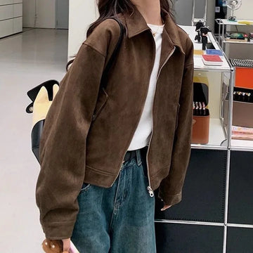 Retro Style Women's Short Suede Jacket Coffee Color Korean Style Autumn Coat Zipper Pocket Polyester Fiber Windproof