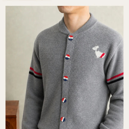 Fashion Men's Knit Cardigan High-End Brand Cartoon Dog Print Design Autumn Winter New Classic Striped Korean Casual Sweater Coat