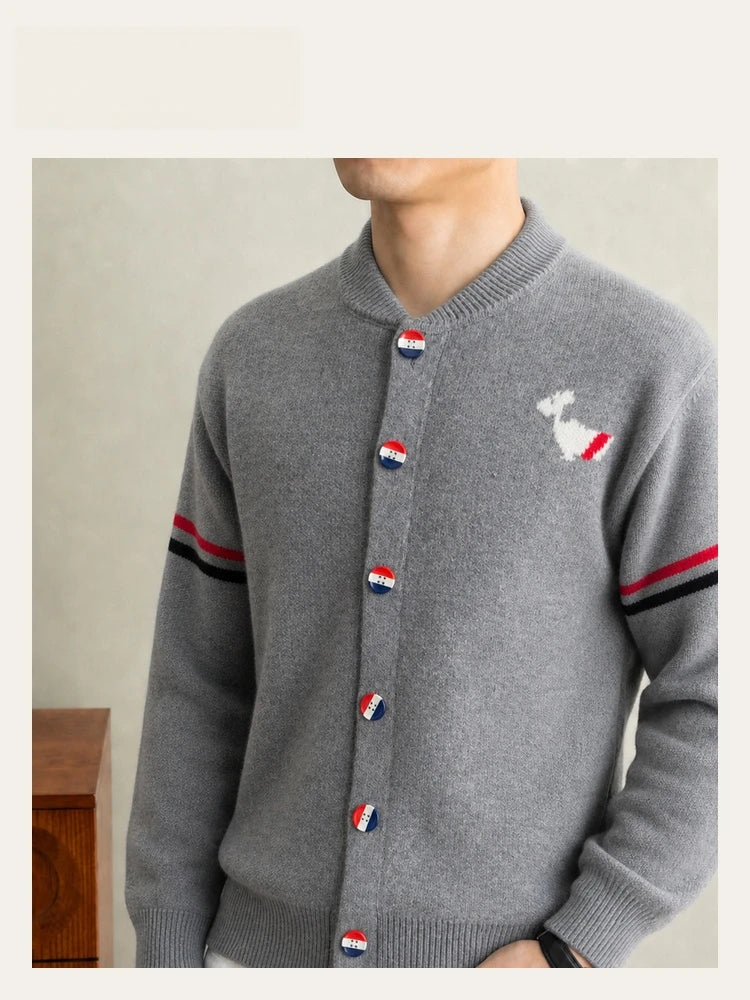 Fashion Men's Knit Cardigan High-End Brand Cartoon Dog Print Design Autumn Winter New Classic Striped Korean Casual Sweater Coat