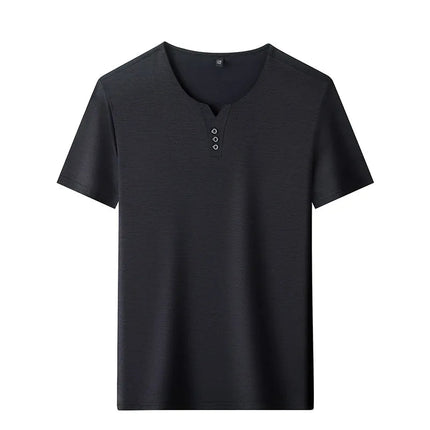2025 New Men's Business Casual Three Button V-neck Short Sleeved T-shirt Korean Style Summer Comfortable Versatile Top PlatiNum