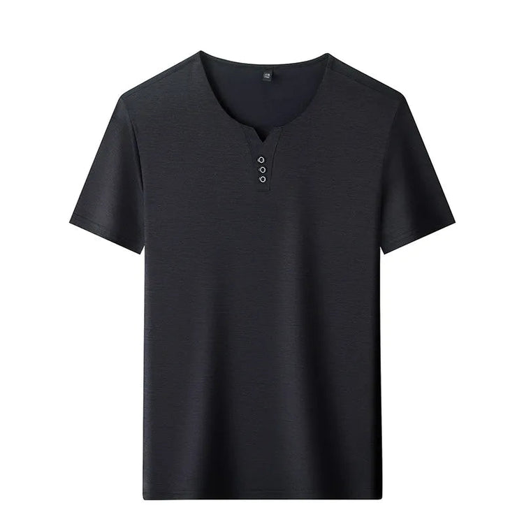 2025 New Men's Business Casual Three Button V-neck Short Sleeved T-shirt Korean Style Summer Comfortable Versatile Top PlatiNum