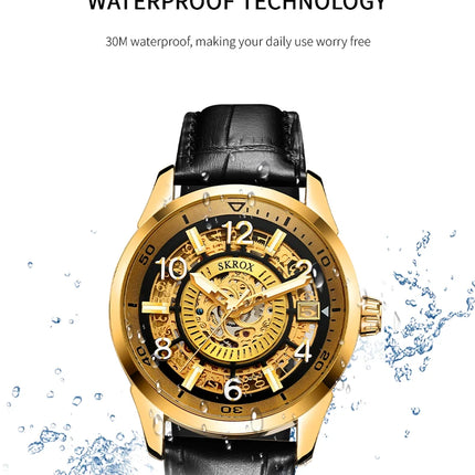 SKROX Original Gold Skeleton Automatic Movement Men's Watch Mechanical Waterproof Male Wrist Watches Leather Strap Luxury Clock