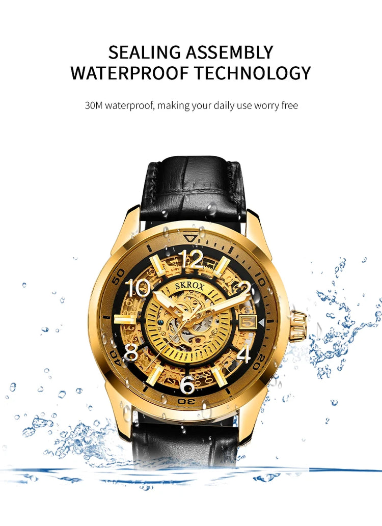 SKROX Original Gold Skeleton Automatic Movement Men's Watch Mechanical Waterproof Male Wrist Watches Leather Strap Luxury Clock