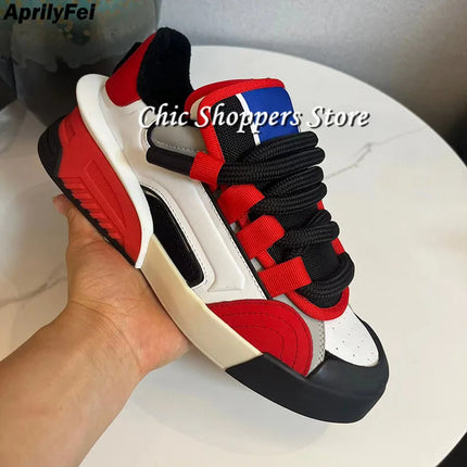 Unisex Round Toe Genuine Leather Sneakers Mixed Colors Mens Flat Breathable Lace Up Casual Shoes Spring Male Sneakers 35-46