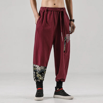 Pantaloni da uomo Costume da samurai giapponese Ukiyo-e Cintura con stampa Pantaloni stile harem da uomo in cotone e lino Pantaloni casual Harajuku da uomo Taglie forti 5XL