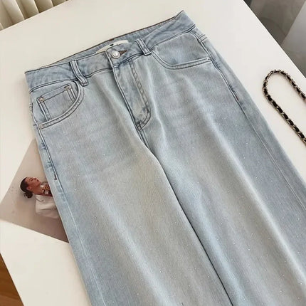Jeans eleganti di lusso con strass ricamati vuoti allentati Jeans estivi da donna a vita alta pantaloni in denim dritti Y2K Casual Streetwear