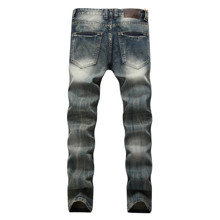 Casual Men's Light Blue Denim Jeans Ripped Straight Leg Slim Fit Non-Elastic Torn Casual Style Chinese Production PlatiNum