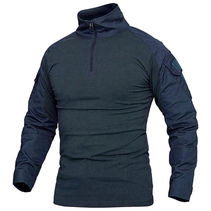 Men's Long Sleeve Combat Shirt 1/4 Zipper Ripstop Cotton Tactical Shirts Navy Blue Camoufalge Airsoft T Shirts PlatiNum