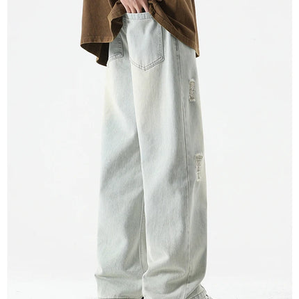 Jeans strappati estivi da uomo Gamba dritta ampia Retro da uomo Disegna corda Porta Pantaloni casual tutto-fiammifero di marca di moda