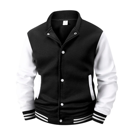 Men's Fleece-Lined Varsity Jacket Autumn Winter Warm Color Block Baseball Jacket Button Front & Striped Cuffs Retro Casual Coat
