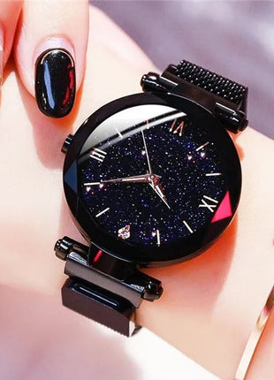 Orologi da donna con cielo stellato alla moda, fibbia magnetica, cintura in rete, orologio al quarzo con diamanti, orologio da donna platinumshop