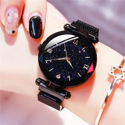 Orologi da donna con cielo stellato alla moda, fibbia magnetica, cintura in rete, orologio al quarzo con diamanti, orologio da donna platinumshop
