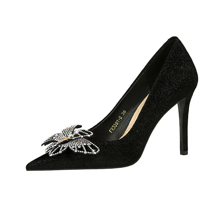 BIGTREE Scarpe Designer Nuove donne Décolleté Strass Farfalla Nodo Punta a punta Flock 10CM Tacchi sottili Scarpe da donna mature super alte
