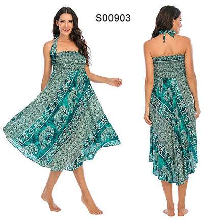 Boho Gonne Donna Rayon Beach Abito lungo Estate Bohemian Jupe Longue Femme Elastico in vita Stampa Fasciatura floreale Halter Hippie platinumshop