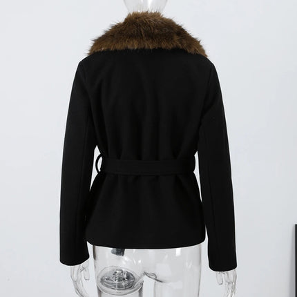 Shawl Faux Fur Women Coat Full Sleeve Woolen Lady Jacket 2025 Fashion Autumn Winter Lace Up Belted Waist Female Loose Outwears