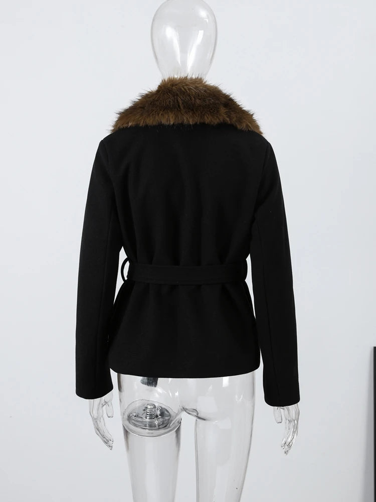 Shawl Faux Fur Women Coat Full Sleeve Woolen Lady Jacket 2025 Fashion Autumn Winter Lace Up Belted Waist Female Loose Outwears