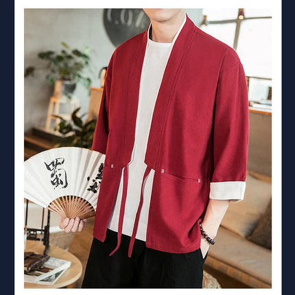 Nuova Camicia Uomo Kimono Giapponese in Cotone e Lino, T-shirt Comoda e Traspirante, Costume da Samurai Tradizionale, Camicia Casual Haori per Uomo