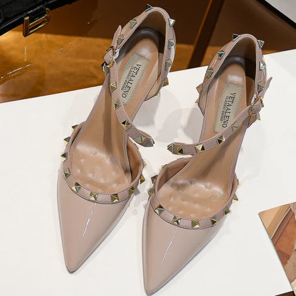 【Misurati la lunghezza dei piedi prima di ordinare】Sandalo da donna con tacco alto e sottile, con rivetti e punta a punta, scarpa elegante da festa 118-CHC-33