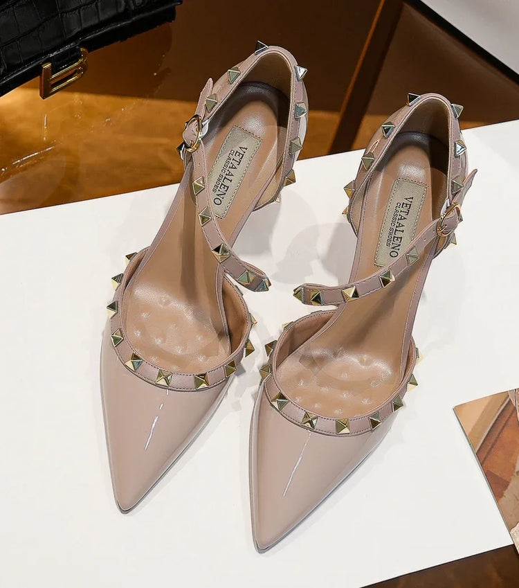【Misurati la lunghezza dei piedi prima di ordinare】Sandalo da donna con tacco alto e sottile, con rivetti e punta a punta, scarpa elegante da festa 118-CHC-33
