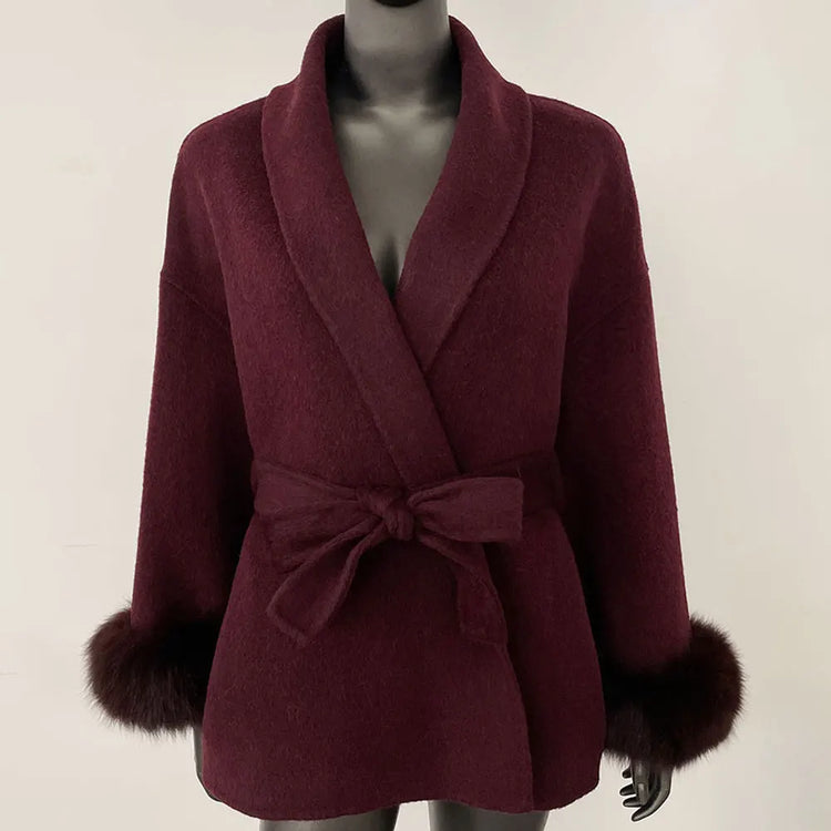 Elegant OL Office Lady Overcoats Fur Patchwork Long Sleeve Woolen Coat Beautiful Women's Clothing Jacket Autumn 2025 Spring