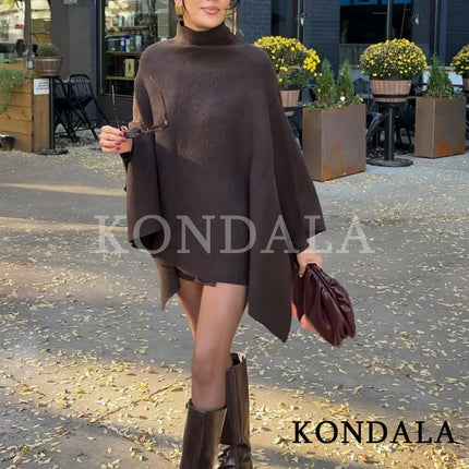 KONDALA Stand-up Collar Knitted Cape Coat High Street Casual Loose Cape 2025 Fall Winter Fashion Elegant Streetwear Lady Cape