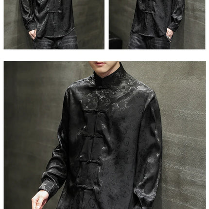 Giacca Tang di alta qualità da uomo camicetta con colletto alla coreana in argento elegante abbigliamento cinese rosso camicie Casual da uomo in raso di seta blu di grandi dimensioni